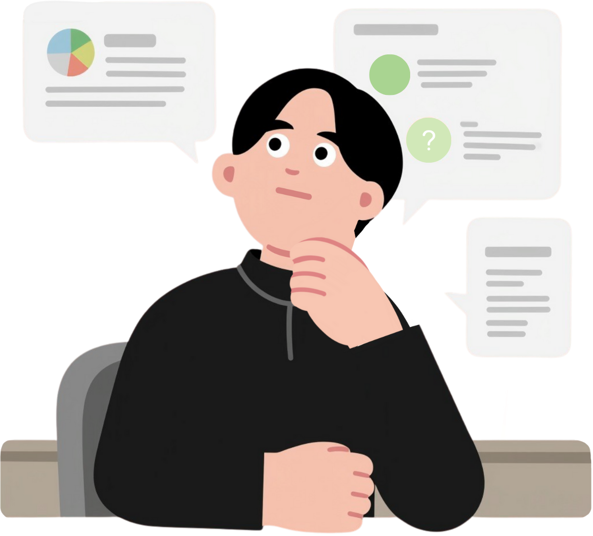 Personne en pleine réflexion avec des bulles d'informations, représentant la découverte des fonctionnalités de Dolibarr ERP/CRM