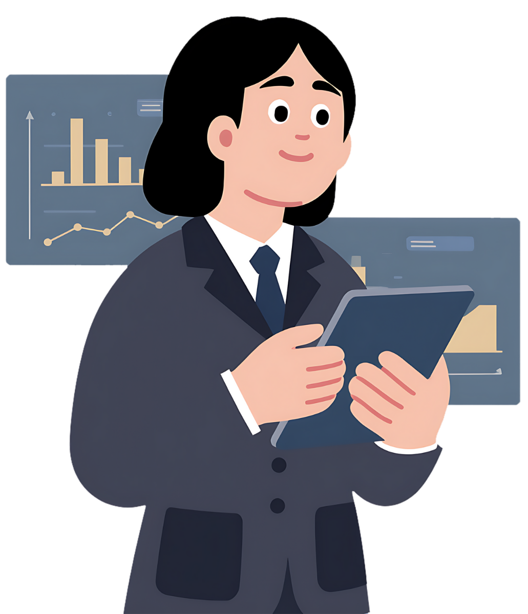 Illustration d’un professionnel en costume consultant des données sur une tablette, avec des graphiques en arrière-plan