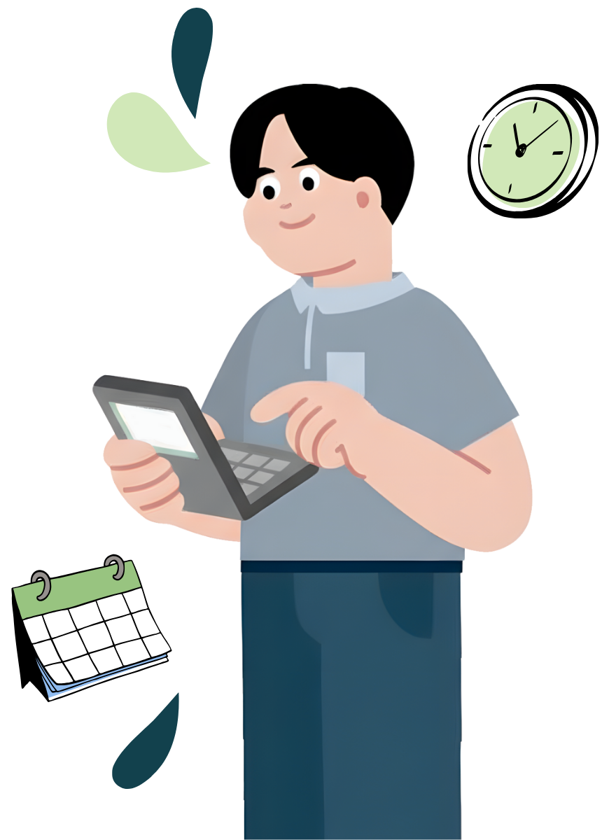 Utilisateur consultant son emploi du temps sur Panda ERP via une tablette, avec un calendrier et une horloge en arrière-plan